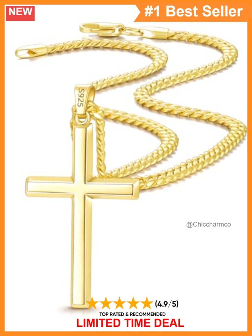 Men's 18k Gold Plated Cross Necklace Cuban Chain 26 Inch